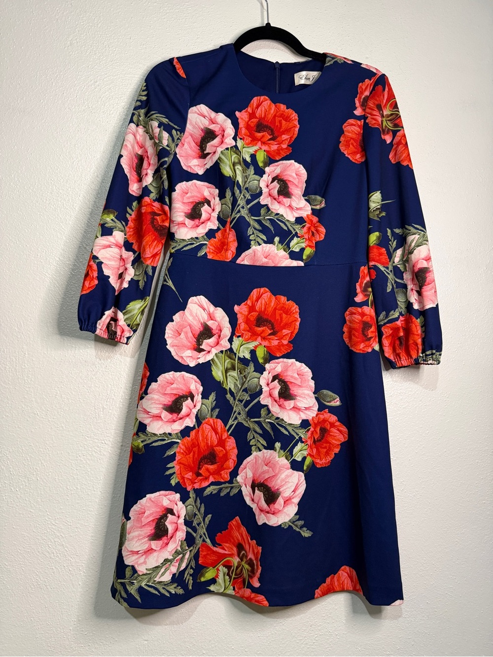 Eliza J Navy Dress with Colorful Botanical Print, 3/4th sleeves. Sz 2. Like new.